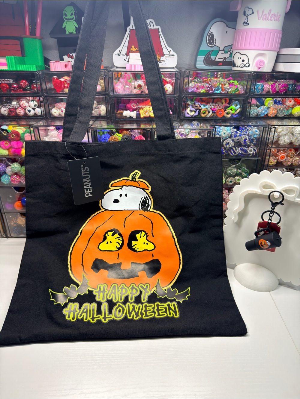 Peanuts Halloween Pumpkin Tote Bag and Keychain - Black & Orange